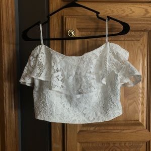 white lace off the shoulder crop top